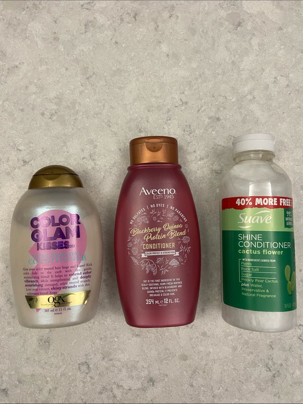 3 hydrating conditioners; Aveeno Blackberry Quinoa Protein Blend, OGX & Suave